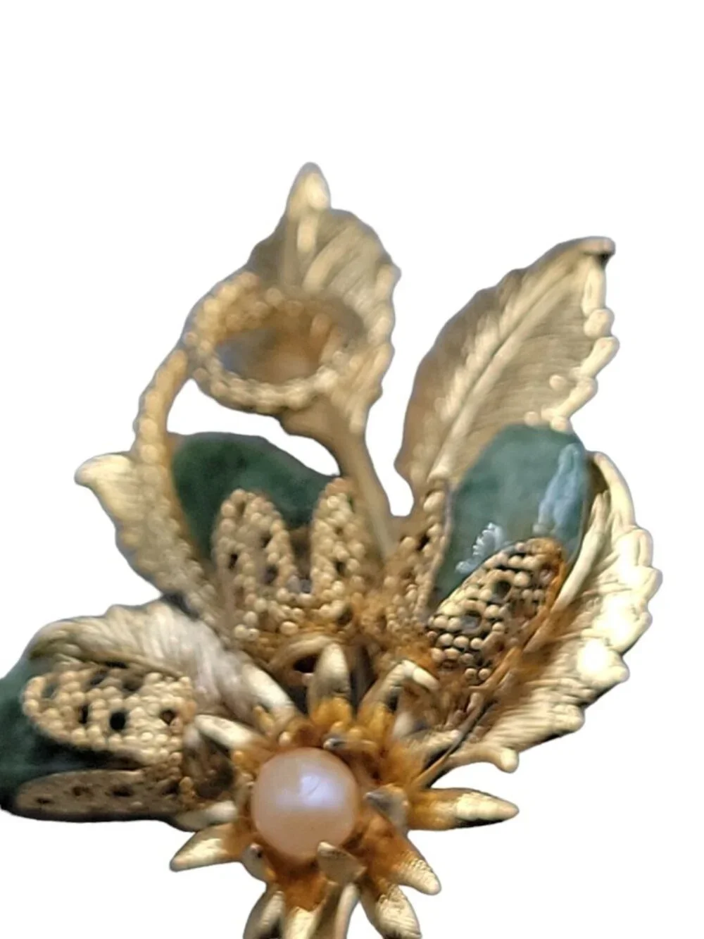 Gold Plated Jade Faux Pearl Flower Brooch Textured Leaves Detailed Design